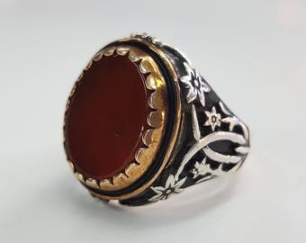Men Ring - Turkish Ring - 925 Silver Ring - Carnelian Ring - Hand Made Ring - Turkish Jewelry - Re-Sizeable All Ring Sizes are Possible