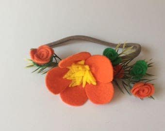 Elena of Avalor Inspired Felt Flower Crown with green, yellow, and orange flowers on a nylon headband baby toddler costume