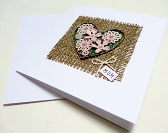 Mum Birthday Card, Handmade Mother's Day Card, special mum card, Rustic heart, floral heart card, Mum keepsake card, flower Birthday card.