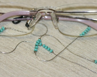 Turquoise Eyeglasses Chain, Silver Color Eyeglasses Chain, Handmade Eyeglasses Turquoise Beads Chain, Delicate Chain ,
