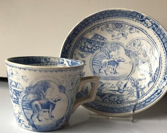 Antique Staffordshire Little Mae and Dog Toy Cup Saucer Allerton & Son 1890's Transferware #a241