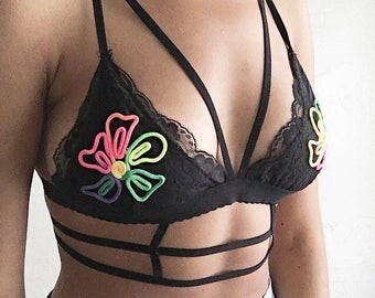 Handmade Neon Flower Power cage bralette