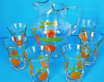 Vintage Orange Juice Set, Pitcher and Six Glasses