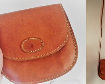 BROWN LEATHER BAG Cross Body Bag, Purse Sized Handbag, 80's Long Strap Clutch Shoulder bag Vintage Soft Tan