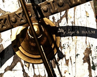 Shabby chic chippy paint sundial fine art photography print, chipping paint, cottage chic, gold, white, flaking paint, abstract, minimalist