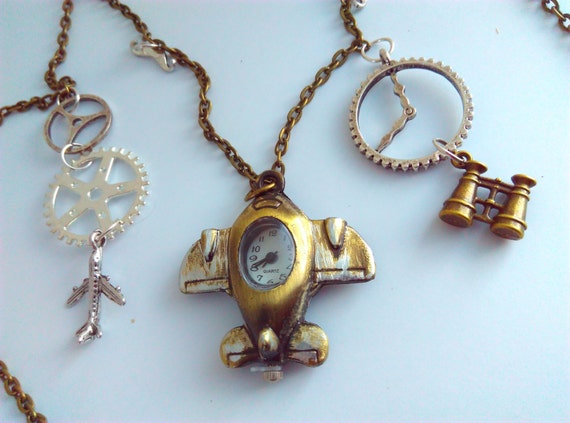 Steampunk necklace, aeroplane, aeroplane watch pendant, steampunk, watch pendant, cogs, cog necklace, aeroplane necklace, steampunk watch #9 by VintageBlingAndBags steampunk buy now online