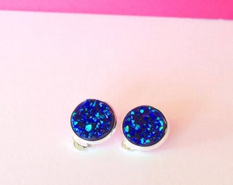 Blue Druzy Clip On Earrings - Glitzy Bling - Suitable for all ages - 12mm Earring - FREE SHIPPING AUS