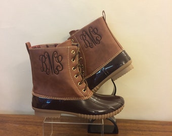 SALE NOW 44. BROWN Duckboots, Monogram adult Duck Boots, Rain Boot, Boat-Shoe Style, Shoes,Two Tone,Half Size Small