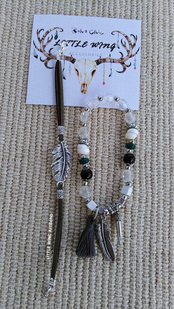 Feather Charm Bracelet Beaded Bracelet Set of 2 Leather