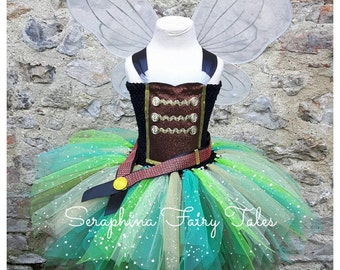Pirate Fairy Tutu Dress. Neverland Princess Lined Green and Brown Fairy & Wings. Handmade by Seraphina Fairy Tales. Sparkly Version.