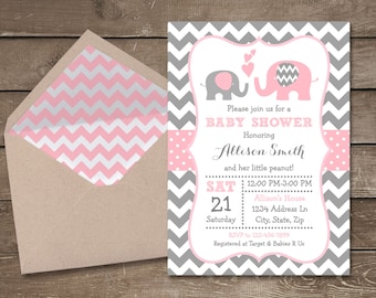 Pink and Grey Elephant Baby Shower Invitation, Pink and Gray Chevron, Elephant, Little Peanut, Baby Shower Invitation, Baby Shower