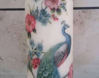 Peacock candle - peacock decor - peacock decorated candle - peacock lover gift - peacock wedding decor - wedding gift