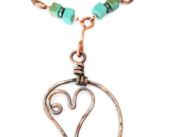 Clearance- Copper Heart Pendant, Howlite and Hematite Necklace, Turquoise dyed Howlite Necklace