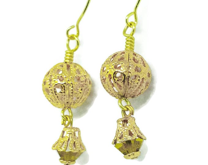 Gold Filigree Bead Dangle Earrings, Gift for Her, Gold Earrings, Unique Birthday Gift, 22k Gold Plated Earrings