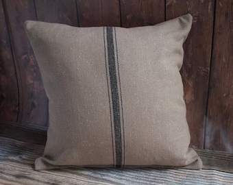 Grain Sack Pillow COVER ONLY. Farmhouse Style Pillow. Farmhouse Decor. Fixer Upper Style. French linen. Dark Tan with Black Stripe Pillow.