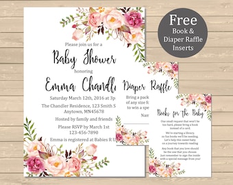 Printable Boho Floral Baby Shower Invitation, Book Insert & Diaper Insert, Floral Boho Baby Shower Invite Package Boy or Girl Download 025-W