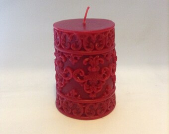 100% Pure Beeswax Fleur De Lis Sculpted Pillar candle - Handmade Candle
