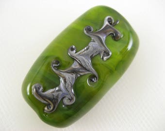 Lampwork Glass Bead - Green Rectangular with Silvered Twisty (001-13W4)
