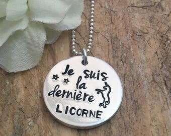 Hand Stamped French Unicorn Pendant Necklace, Unicorn Jewelry