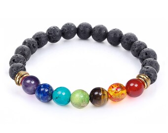 7 Chakra Healing Bracelet with Volcanic Lava, Mala Bracelet Meditation Bracelet - Protection, Energy, Healing
