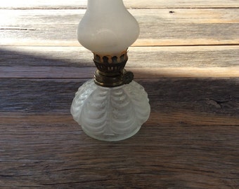 Vintage Frosted Glass Ruffled Edged Miniature Oil Lamp- Made In China- Hurricane Oil Lamp
