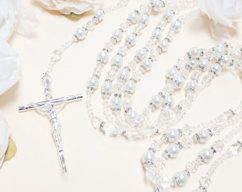 34" White Pearl Wedding Lasso - Crystal Wedding Lasso Rosary - Lazo de Boda Perla