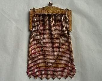1920's Art Deco Mesh Purse, Enameled, Decorative Brass Top