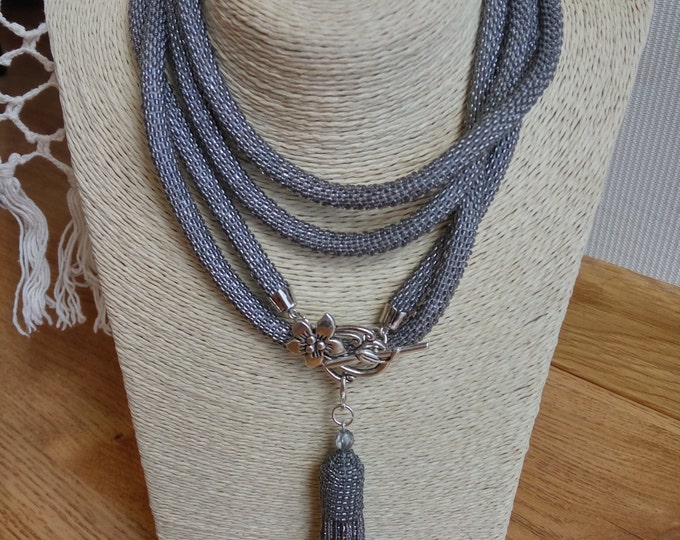 Silver gray long lariat necklace transformer multifunctional all in one statement necklace casual office gift for her fashion crochet rope