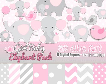 Girl Baby Elephant birds DIGITAL Pack, Grey Rose, Baby Shower Girl, Scrapbooking, Clip art Free, Elephant clip art, Baby girl Free