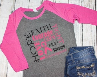Breast Cancer shirt / Cancer awareness / gift for her/womans raglan / gifts under 30 / hope shirt / fight for a cure shirt /cancer awareness