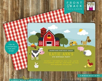 Farm Animal Invitation Invite Landscape Stripes Plaid Child Boy or Girl Birthday 5x7 4x6 chicken cow sheep pig barnyard barn tractor