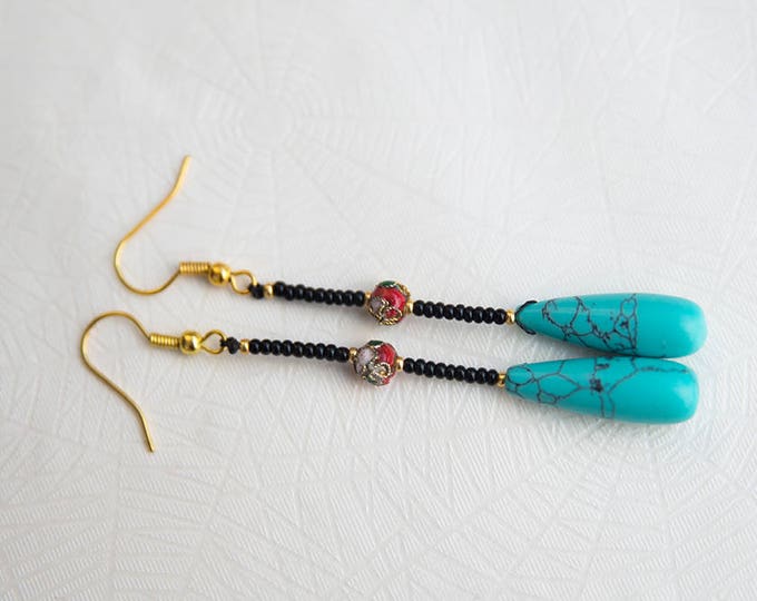 Long turquoise or crystal, and cloisonne earrings 20's inspired / woman gift, for her