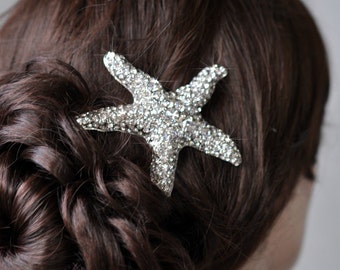 Handmade Large Crystal Rhinestone Starfish Hair Clip, Bridal, Beach or Destination Wedding (Sparkle-2340)