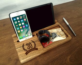 30th Birthday for Him, Anniversary Gifts for Men Wood, Personalized Engraved, Docking Station, iPhone iPad Tablet Wood Stand, Gift for Dad