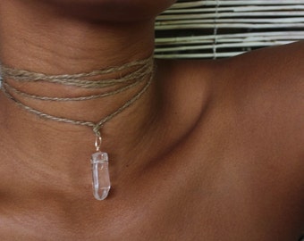 Clear Crystal Quartz Choker | Wrap Choker| Brown Choker | Crystal Necklace | Crystal Quartz Pendant | Jute Choker | #WC001