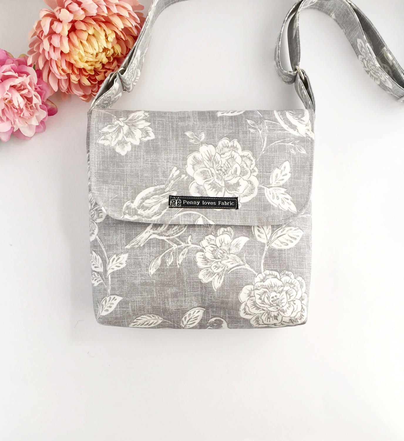 Floral crossbody bag Floral purse fabric purses grey purse
