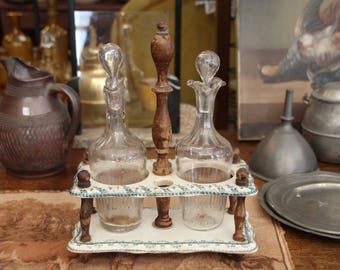 Vintage Set of Glass Oil and Vinegar Cruets in Lovely Wooden Holder / Wooden faience glass cruet / Vintage cruet / Condiment set