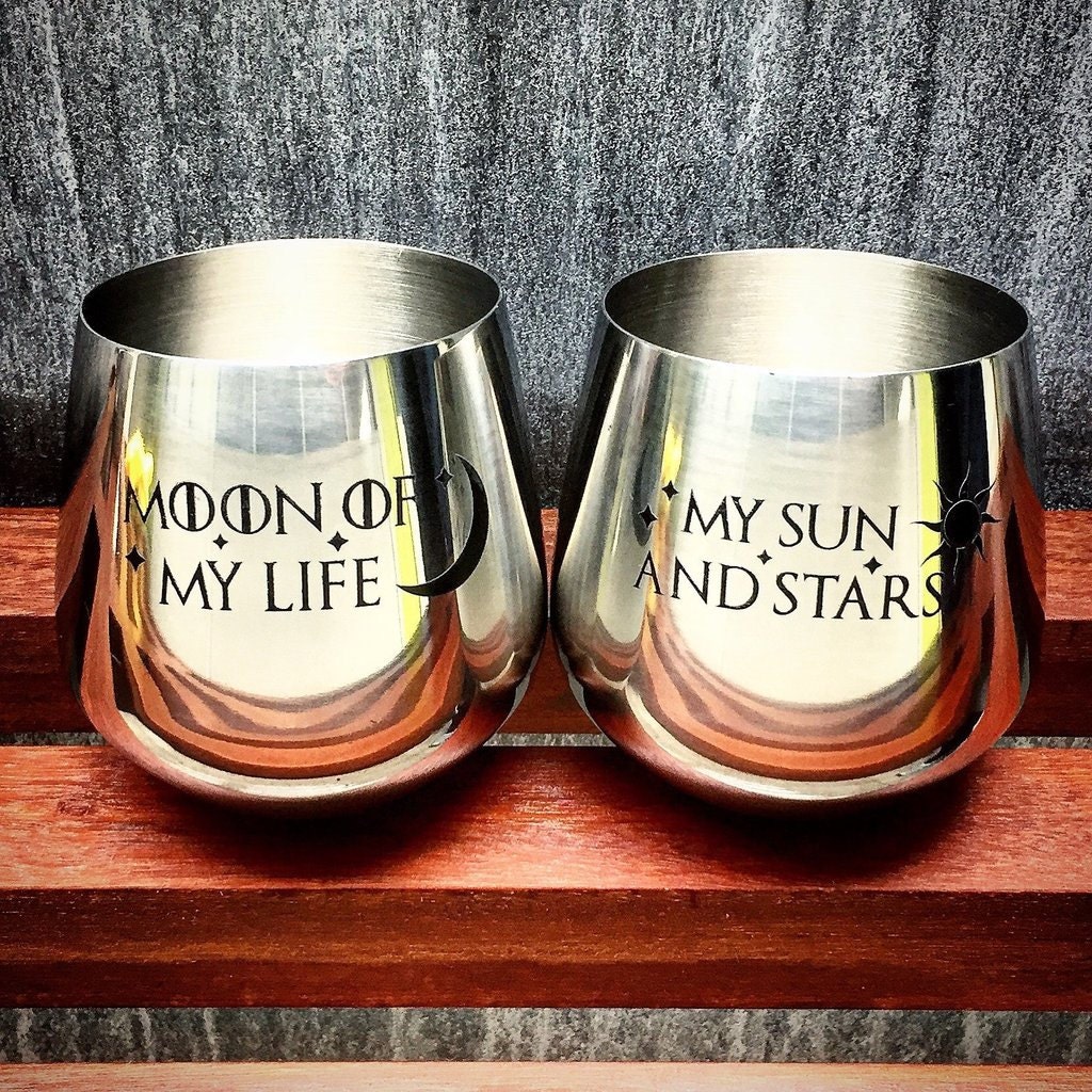 Stainless Steel Wine Glasses with Moon of My Life, My Sun and Stars, Hand Etched, Set of 2