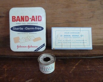 vintage first aid kit / johnson and johnson first aid kit / metal rx tin / vintage / first aid kit / industrial/ bathroom /laundry/ band aid