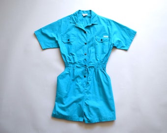vintage turquoise playsuit / size large / cotton romper playsuit / blue green turquoise / elastic waist / pockets / 80s 90s jumpsuit romper