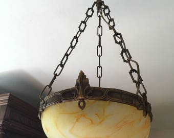 French Vintage Antique Art Deco Pate de Verre Hand Blown Glass & Bronze Hand Crafted Ceiling Light by Vianne / Fabulous Unique French Piece