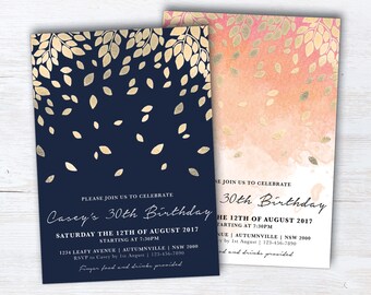 Navy and Gold Botanic Birthday Invitation, Peach and Gold Botanic Birthday Invite, Navy Blue, Peach DIY Printable, Botanical (Falling)