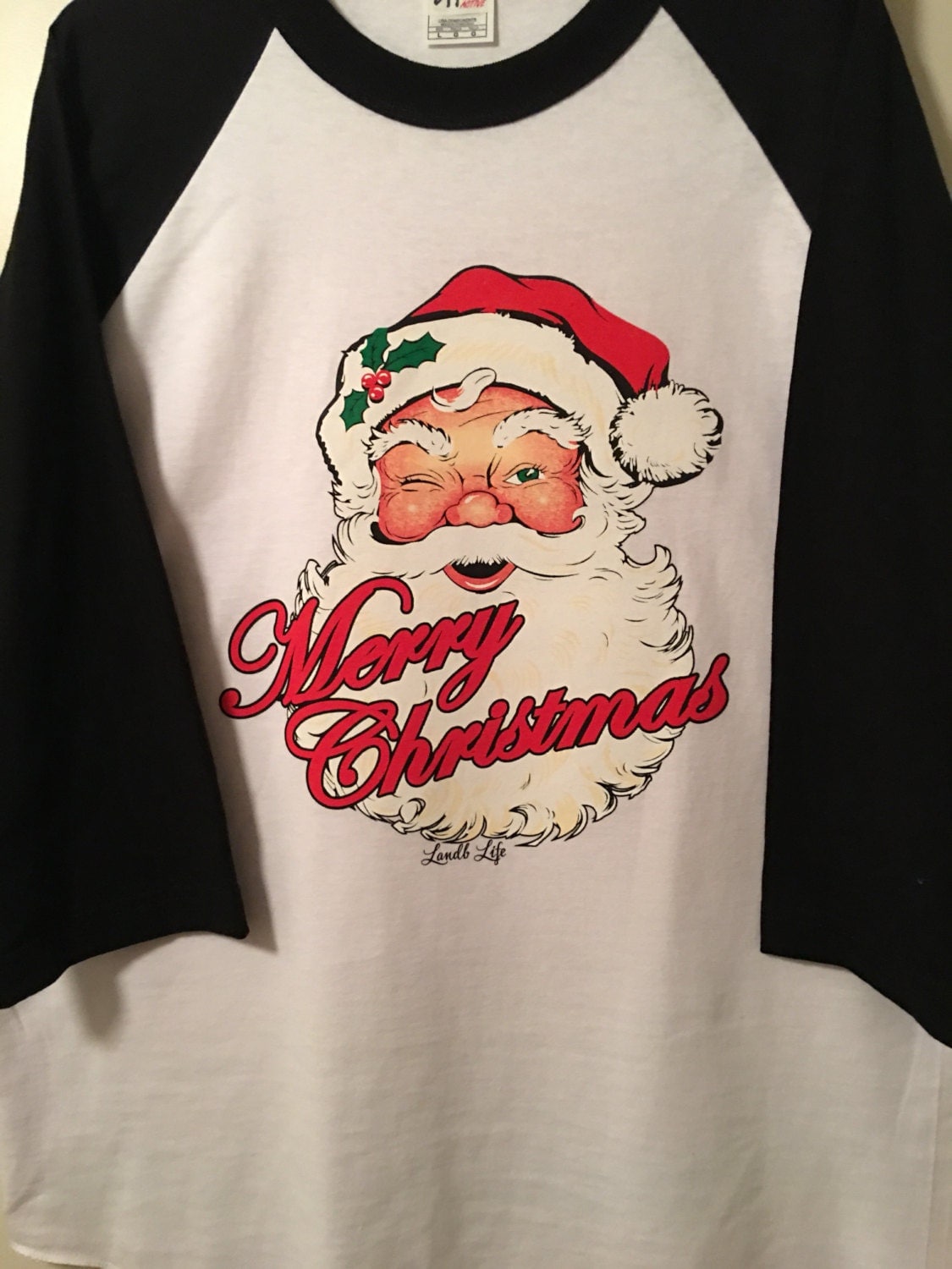 Santa Raglan merry Christmas shirt women ladies 3/4