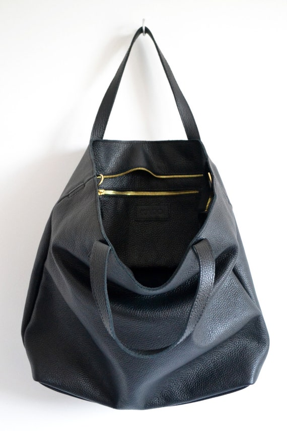 Black LEATHER TOTE Bag Oversize Black Top Zip Tote Italian