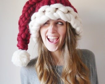 Chunky knit Santa Hat - Knitted Christmas hat - hand knitted chunky red and white christmas hat Womens gift mens gift - Festive Holiday hat