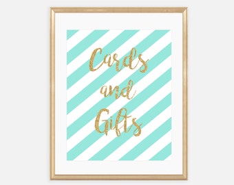 Cards and Gifts - Turquoise/Teal + Gold - Baby Shower Sign - Printable Sign/Instant Download 002