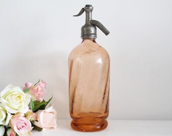 Vintage French Peach/Pink Seltzer Bottle - Glass Bottle - Soda Syphon