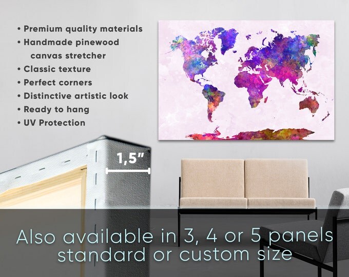 Large Colorful Watercolor World Map Poster Canvas Set, map wall art / 1,2,3,4 or 5 Panels on Canvas Wall Art for Home & Office Decoration