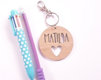 Bag Tag / Keyring Wood Bamboo Personalised Custom With Heart-school-kinder-wooden