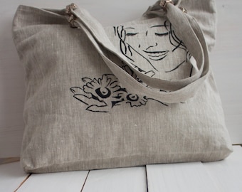 Neutral Linen Bag with handdrawed patterns